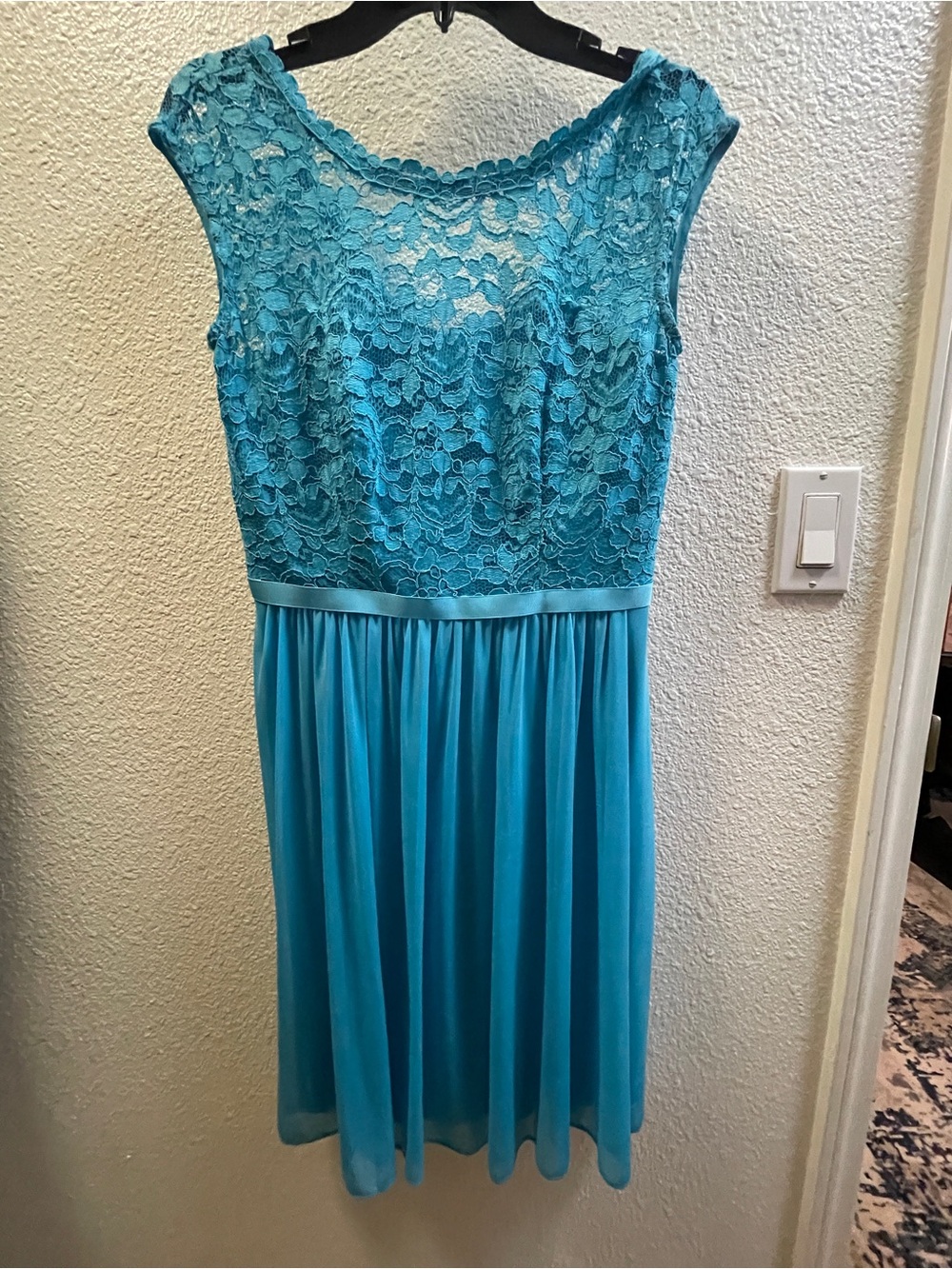 David's Bridal Teal Lace Bodice Midi Dress